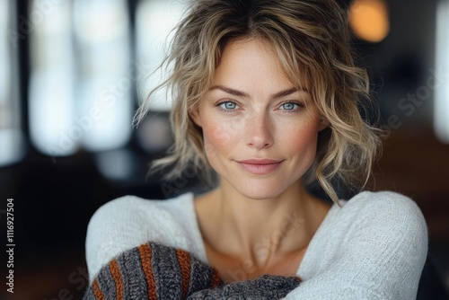 Middle Aged Woman in White Sportswear Relaxing at Home Embracing Active Lifestyle