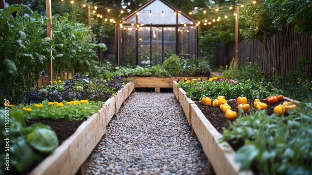 Obraz premium Serene evening garden with raised beds, greenhouse, and string lights.