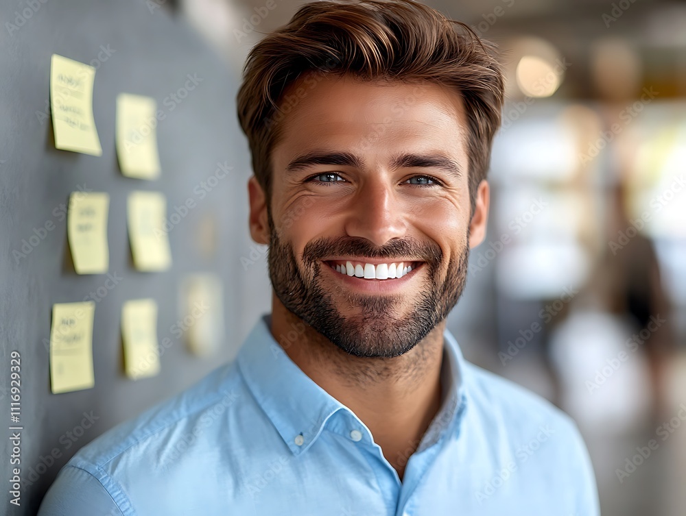 A man working on a project with sticky notes and a laptop in his home office A man working on a project with sticky notes and a laptop in his home office