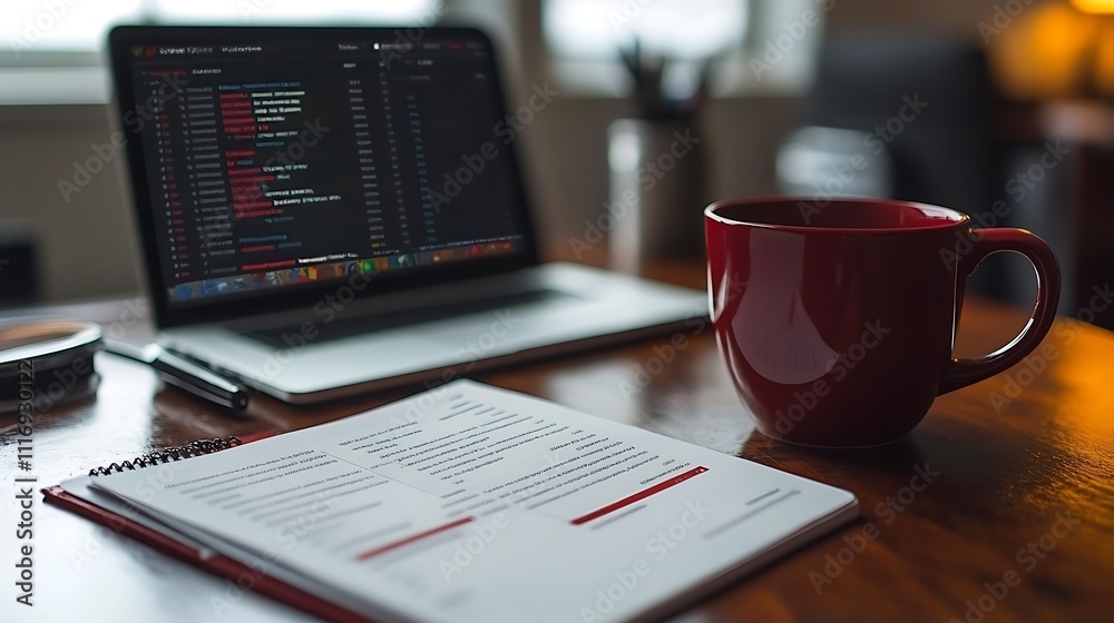 Obraz premium A person working from a home office with a laptop, planner, and coffee mug