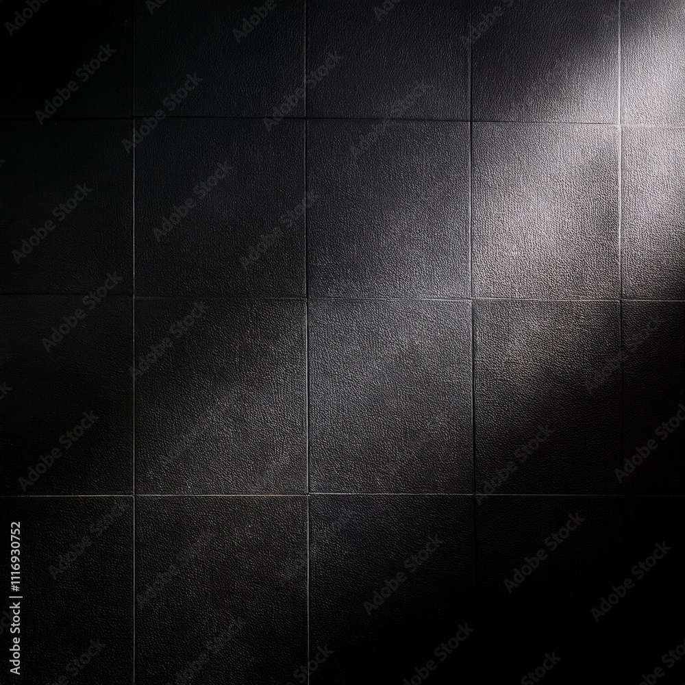 Fototapeta premium Sunlight or a lamp refracts and reflects onto a black wall with a texture that creates shadows dark background