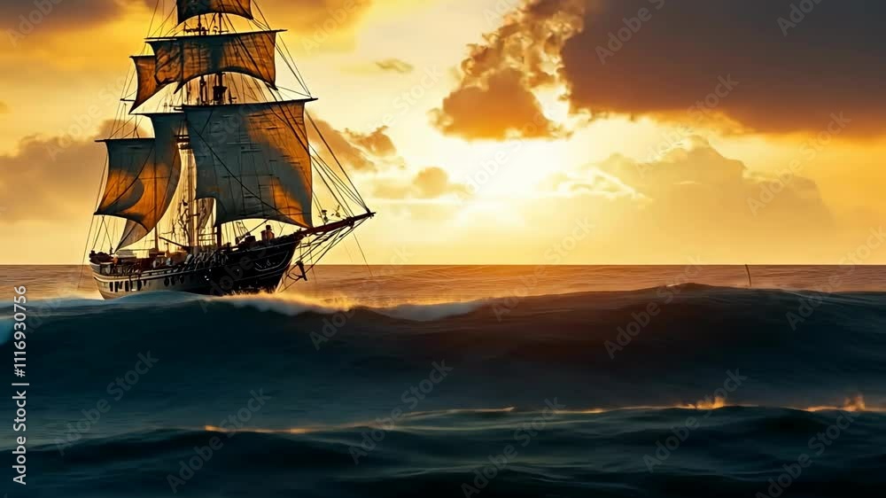 Sunset silhouette of a sailboat on the tranquil ocean