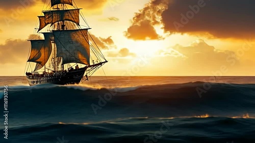 Sunset silhouette of a sailboat on the tranquil ocean
