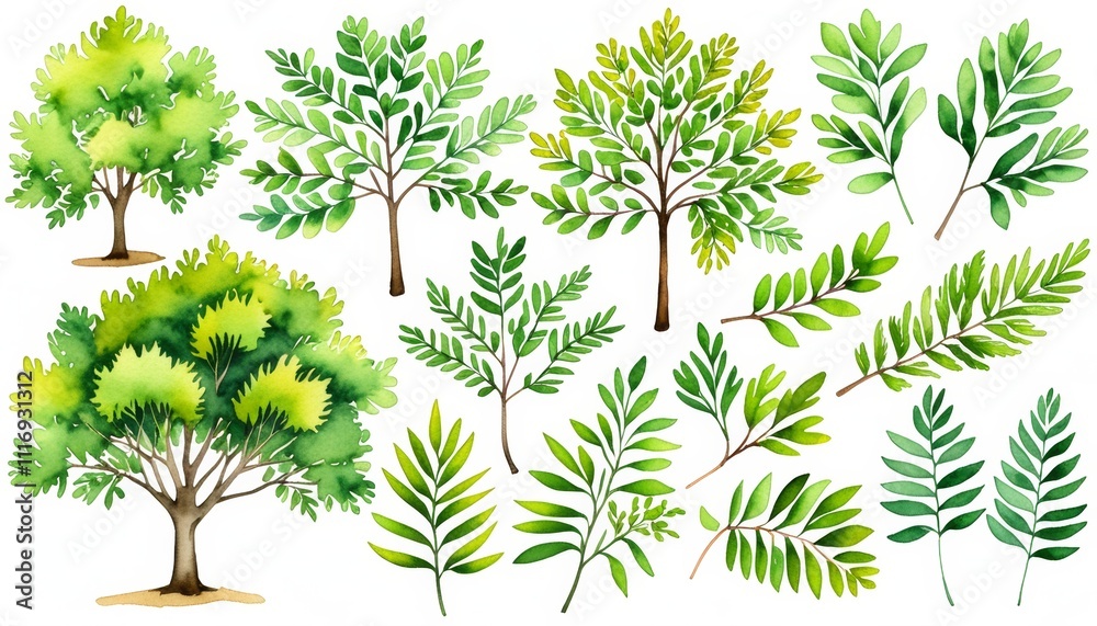Obraz premium Vibrant watercolor trees and leaves: green nature botanical collection