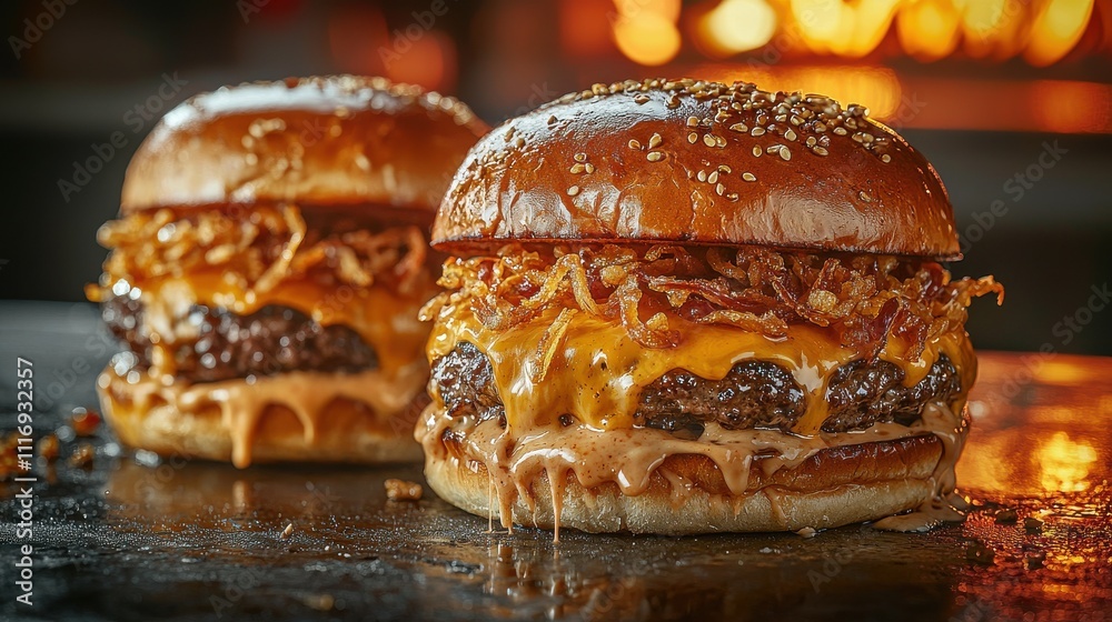 Delicious double cheese burger gourmet kitchen food cozy environment close-up view culinary artistry