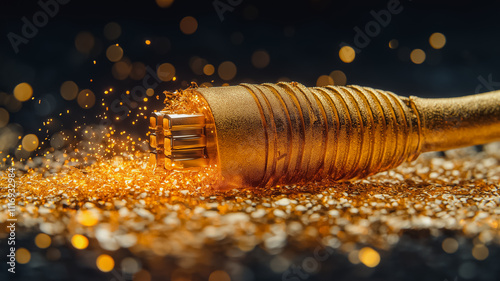 A gold wire is on a pile of gold dust. The wire is surrounded by a lot of gold dust, and it looks like it's glowing. The image has a warm, golden, and shiny mood photo