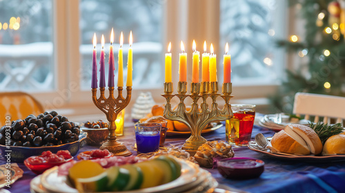 A table with food for the celebration of Hanukkah with a menorah and burning candles. photo