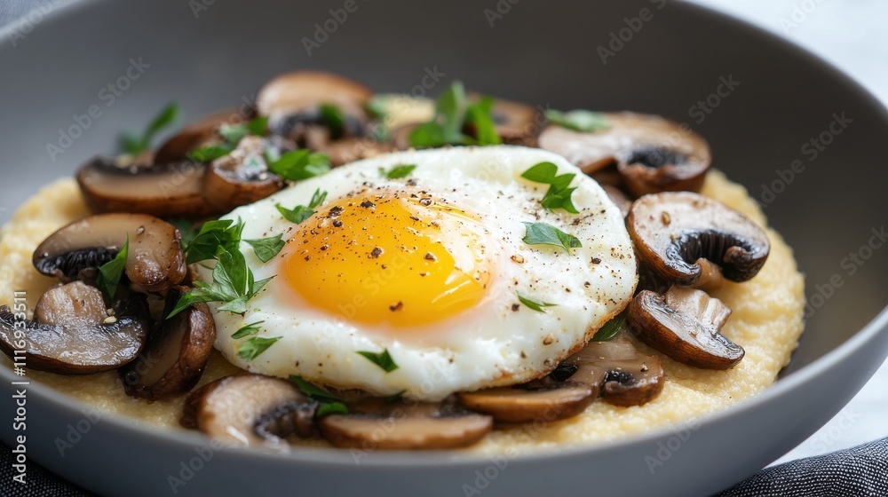 Delicious breakfast dish with eggs and mushrooms home kitchen food cozy atmosphere close-up culinary delight Delicious breakfast dish with eggs and mushrooms home kitchen food cozy atmosphere close-up culinary delight