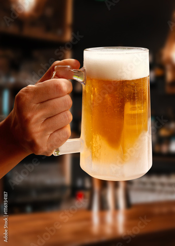 Hand holding cold beer in a pub