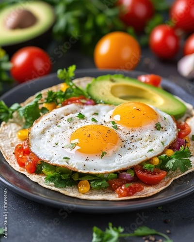 Delicious breakfast tacos with eggs avocado and tomatoes kitchen food gourmet close-up healthy eating