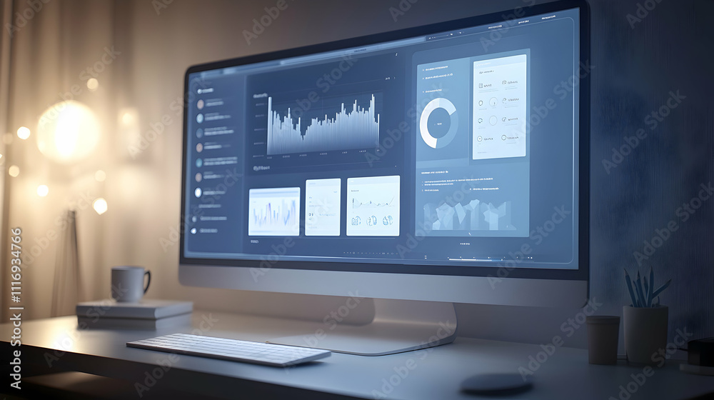 Computer screen displaying graphs, charts, and data analytics at night on a desk. Computer screen displaying graphs, charts, and data analytics at night on a desk.