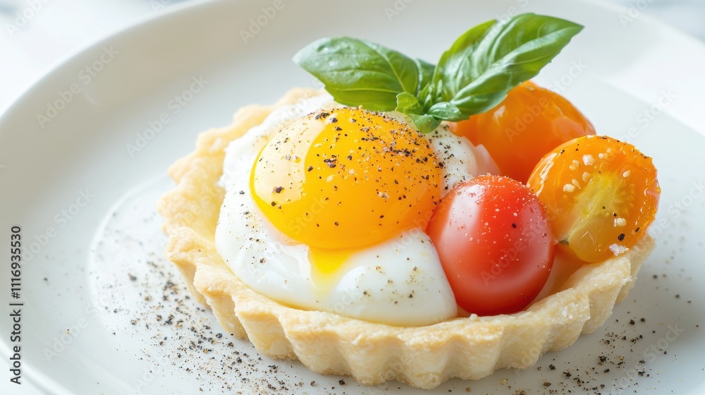 Delicious egg tart with cherry tomatoes and basil gourmet food in bright kitchen setting colorful culinary delight Delicious egg tart with cherry tomatoes and basil gourmet food in bright kitchen setting colorful culinary delight