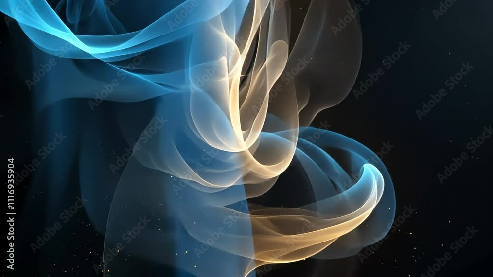 Swirling abstract background with blue and yellow lines on black
