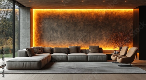 Modern Scandinavian Living Room with Gray Sectional Sofa and Beige Armchairs in Minimalist Design with Terracotta Accent Wall photo