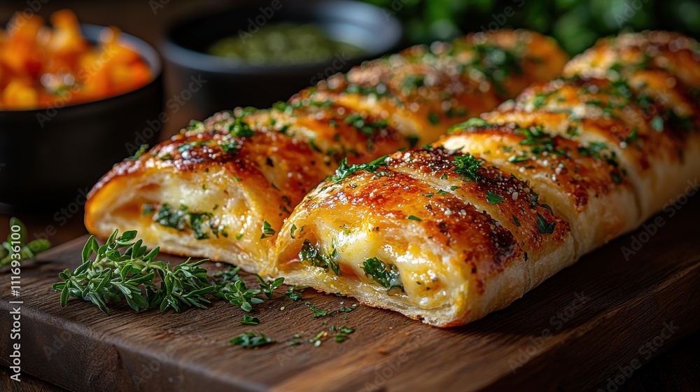 Savory spinach cheese pastry roll rustic kitchen food warm atmosphere close-up culinary delight Savory spinach cheese pastry roll rustic kitchen food warm atmosphere close-up culinary delight