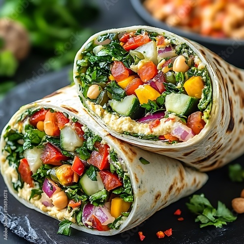 Delicious veggie wrap filled with hummus, chickpeas, spinach, peppers, cucumbers, and red onion. photo