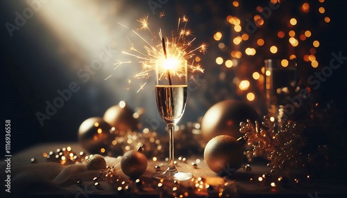 Champagne glass with a lit sparkler surrounded by golden ornaments and festive decorations on a table