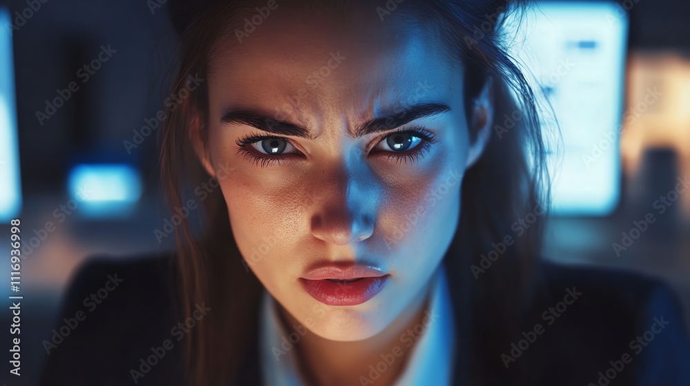 Serious woman, intense gaze, blue light Serious woman, intense gaze, blue light