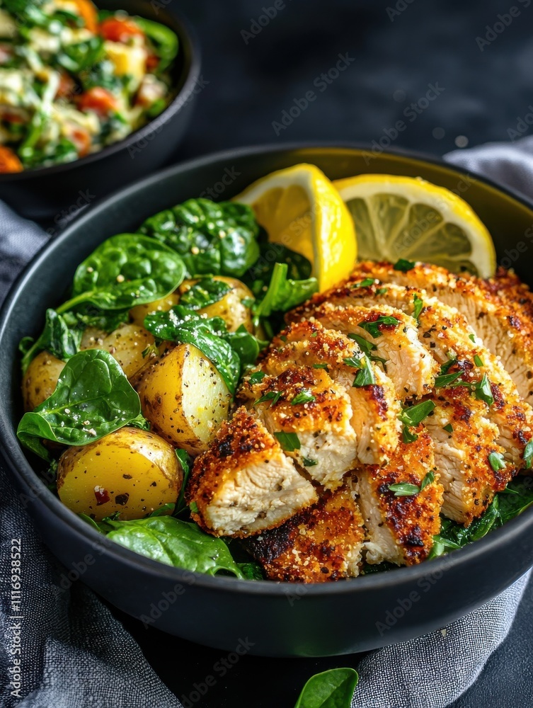 Grilled chicken bowl with spinach and potatoes healthy meal kitchen gourmet close-up nutrition focused