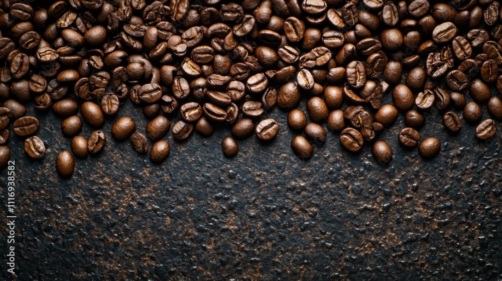Heap of dark roasted coffee beans displayed on a black surface Heap of dark roasted coffee beans displayed on a black surface