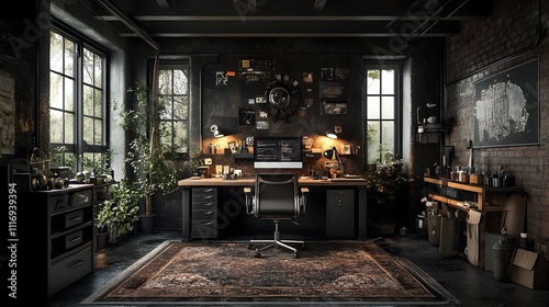 Dark, industrial-style home office with computer, plants, and vintage decor.