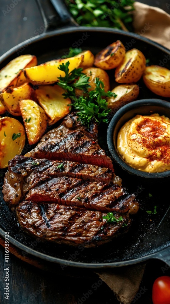 Grilled steak and roasted potatoes rustic kitchen food cozy ambiance top down view culinary delight Grilled steak and roasted potatoes rustic kitchen food cozy ambiance top down view culinary delight