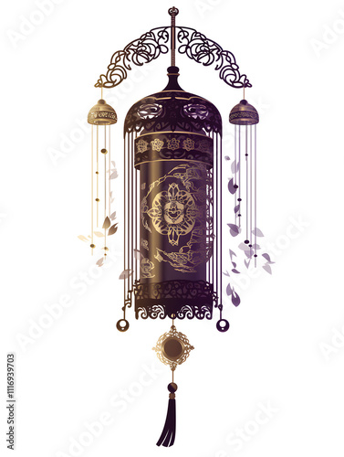 Elegant Ornate Scroll Hanging Decor,  Intricate Design,  Gold and Purple photo