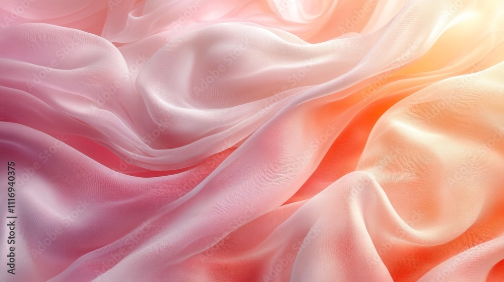 Fototapeta premium Soft, flowing fabric undulates gracefully in warm, golden light, revealing delicate hues of pink and peach that blend harmoniously. The interplay of light and texture creates an alluring ambiance