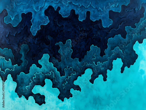 Abstract artwork featuring fluid shapes in dark blue and teal tones, evoking oceanic themes. photo