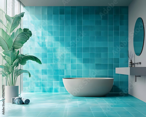 A serene bathroom with turquoise tiles, a freestanding tub, and a large plant. photo