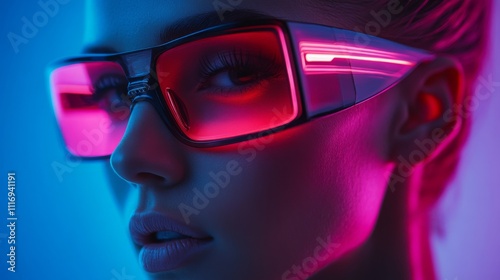 Close-up of a woman wearing neon-tinted sunglasses in colorful lighting