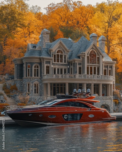 Luxury houseboat on a serene lake surrounded by fall foliage