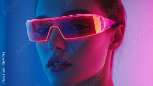 Portrait of a woman in vibrant pink glasses under bold neon lighting