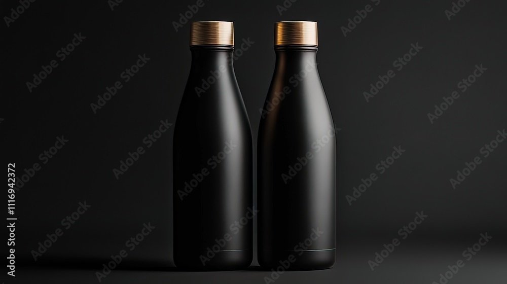 Two sleek black bottles with gold caps against a dark background. Two sleek black bottles with gold caps against a dark background.