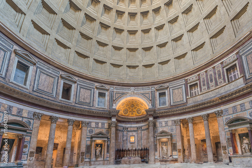 The Pantheon, a building completed by the emperor Hadrian in 126 AD. It is circular with a portico of large granite Corinthian columns; it has the world's largest unreinforced concrete dome. Rome 2017 photo