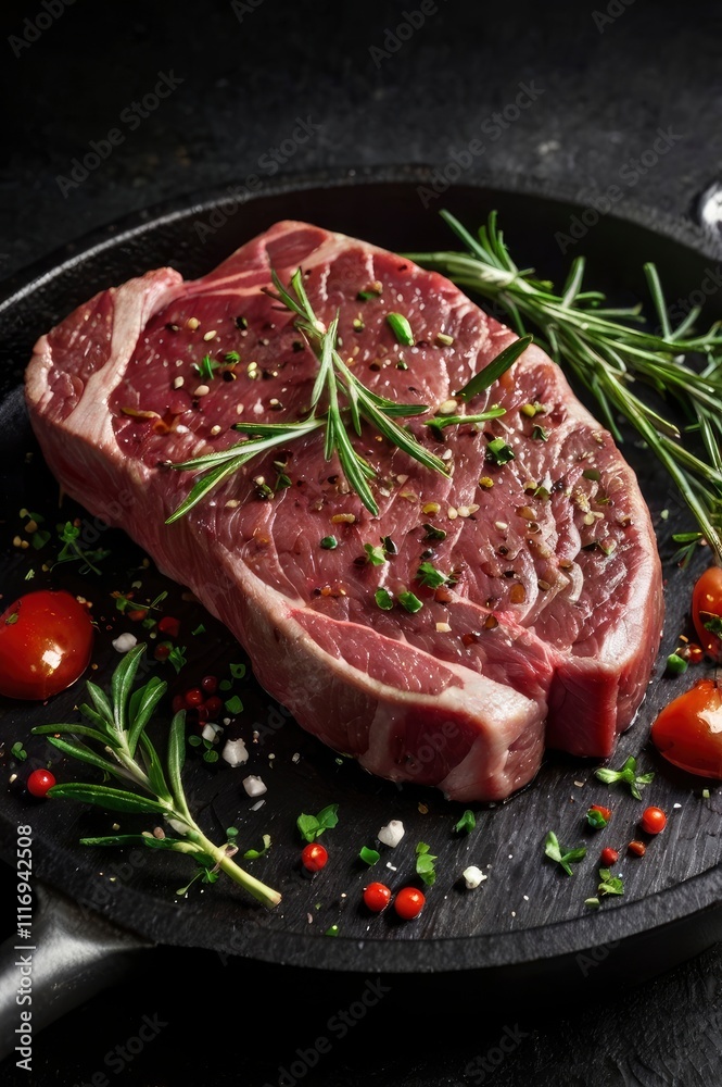 Fresh Raw sirloin rump steak in a skillet with herbs. Black background. Top view. Copy space Fresh Raw sirloin rump steak in a skillet with herbs. Black background. Top view. Copy space