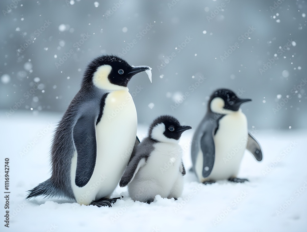 Fototapeta premium Penguins standing in the snow under a winter sky in their natural habitat.