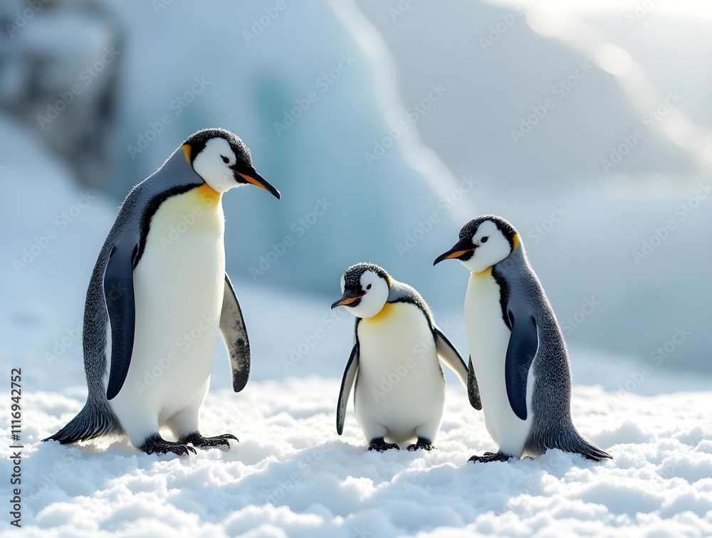 Fototapeta premium Penguins standing in the snow under a winter sky in their natural habitat.