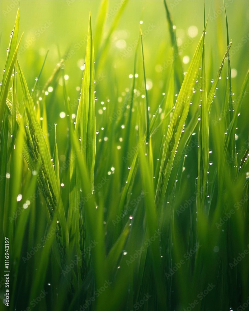 Obraz premium Dew-kissed grass blades glisten in soft morning light.
