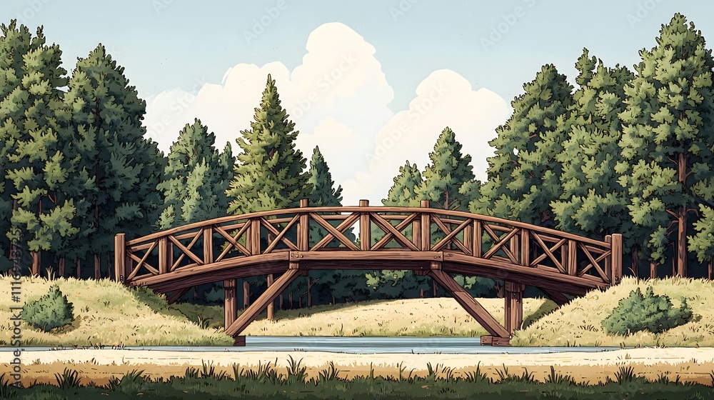 A Charming Wooden Bridge Nestled Amidst Lush Greenery and Calming Waters in a Peaceful Forest. Sustainable Tourism Concept A Charming Wooden Bridge Nestled Amidst Lush Greenery and Calming Waters in a Peaceful Forest. Sustainable Tourism Concept