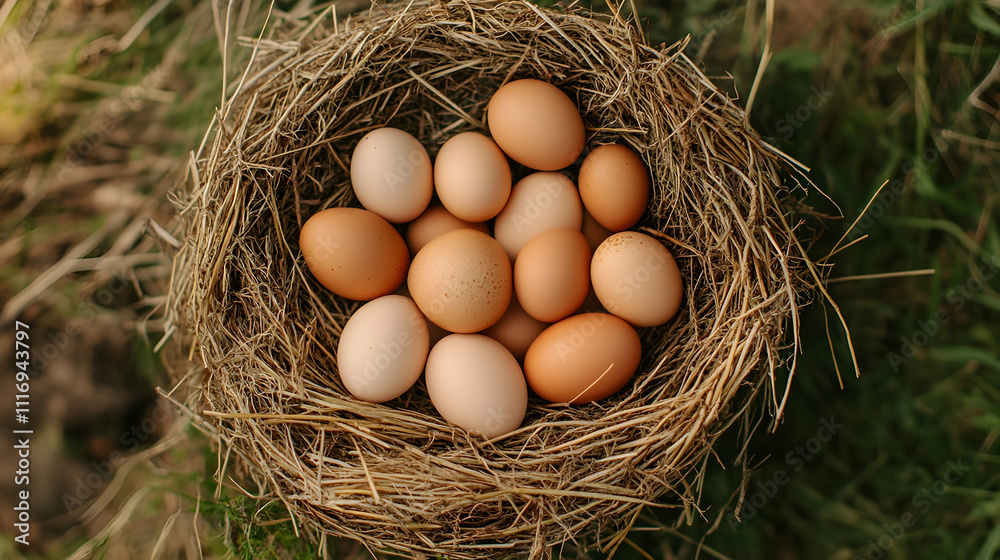 A bird's nest filled with brown and light brown eggs. A bird's nest filled with brown and light brown eggs.