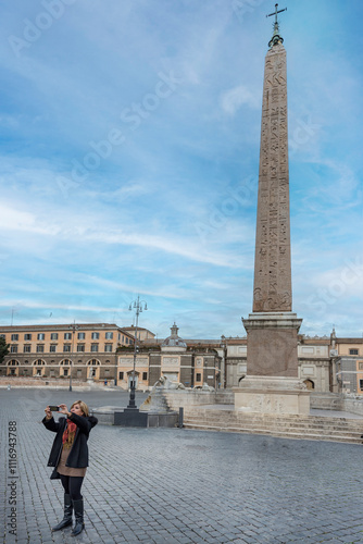 The Flaminio Obelisk at Piazza del Popolo. It was built during the kingdom of Pharaohs Ramesses II and Merneptah in 13th century BC; it was brought to Rome in 10 BC. Italy, 2017 photo