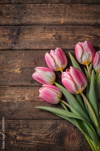 Pink tulips, floral arrangement on wooden background from old boards and a space for messages. Background for Mother's Day, 8 March and other greeting cards for lovely women. Soft focus, top view