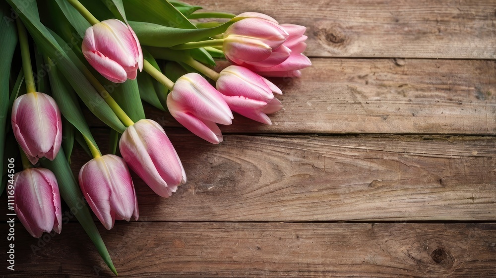 Fototapeta premium Pink tulips, floral arrangement on wooden background from old boards and a space for messages. Background for Mother's Day, 8 March and other greeting cards for lovely women. Soft focus, top view