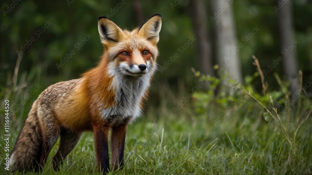 Red Fox Standing in A Green Nature Background in A National Park Red Fox Standing in A Green Nature Background in A National Park