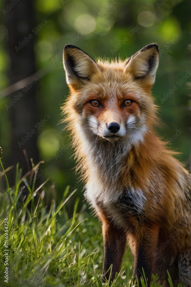 Fototapeta premium Red Fox Standing in A Green Nature Background in A National Park