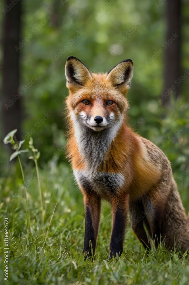 Fototapeta premium Red Fox Standing in A Green Nature Background in A National Park