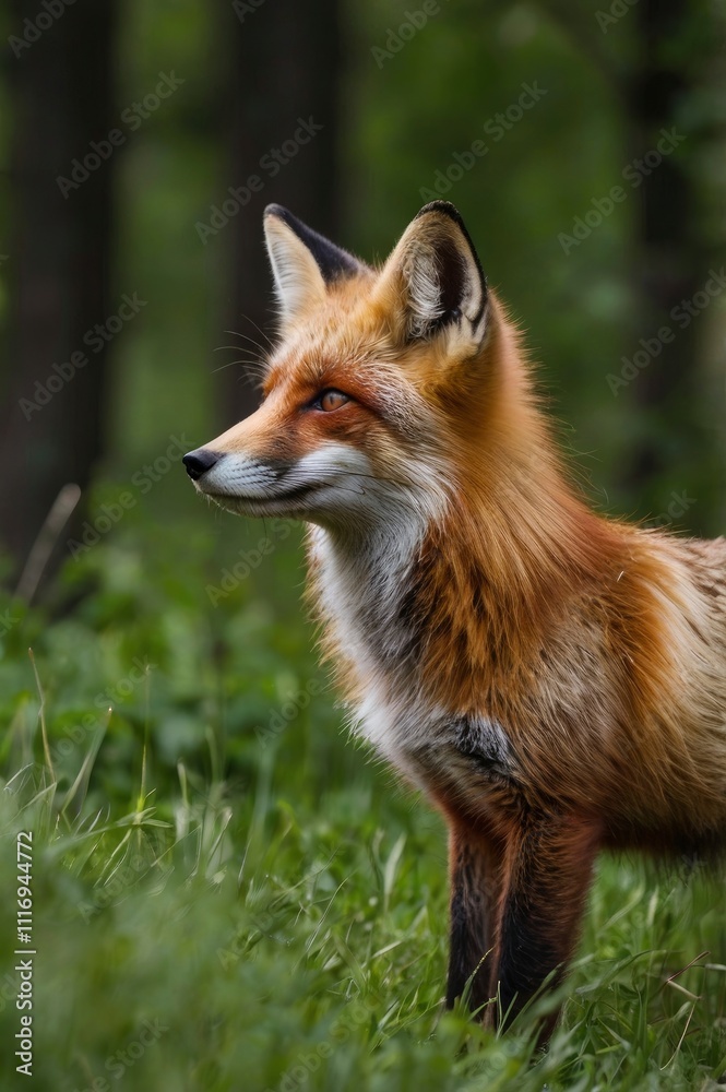 Fototapeta premium Red Fox Standing in A Green Nature Background in A National Park
