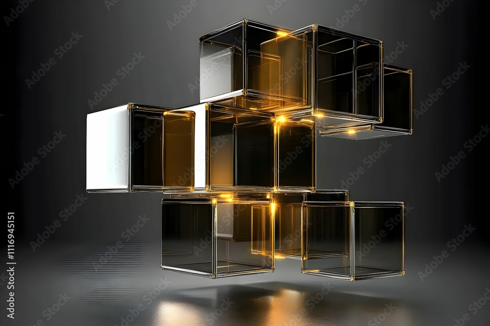 Abstract 3D rendering of interconnected glass cubes with golden highlights. Abstract 3D rendering of interconnected glass cubes with golden highlights.