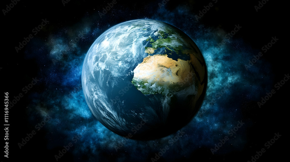 Earth globe in space, showing continents and clouds against a dark blue nebula. Earth globe in space, showing continents and clouds against a dark blue nebula.